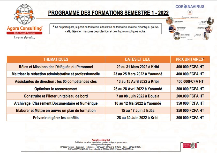 AgoraConsult1's tweet photo. #TrustUs📌
Chefs d'entreprises, cadres et agents des secteurs public et privé, acteurs de la société civile, particuliers, découvrez notre planning de #formation semestre 1-2022.
Infoline :📧 info@agora-consulting.net;
☎ :+237 654 18 05 28/697 37 41 06
#Training
#AgoraLearning https://t.co/DdM8vPGUVB