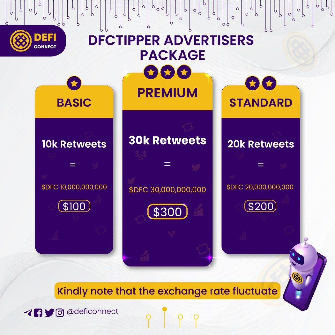 deficonnect's tweet photo. Hello Business owners,
Here are the official rates for the use of #DFCTipper 

Place your orders now and get your brands buzzing in no time.

Start here: https://t.co/Mrn9MPwZUY

#DFCTipper #DFC #DefiConnect  #Metaverse #NFTs #DELTA7  #Crypto #cryptocurrency  #bitcoins  #Binance https://t.co/gw7DADfMaE