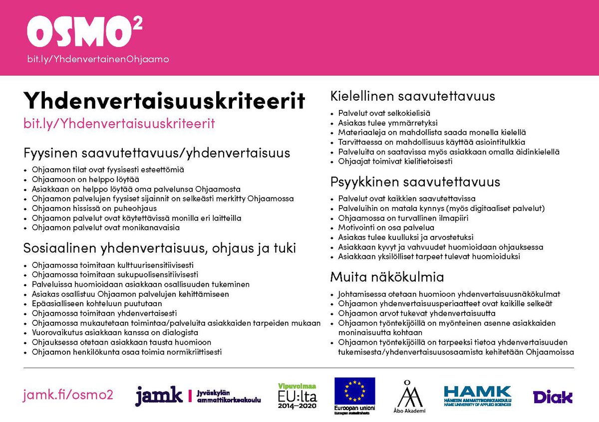 osmoprojekti's tweet photo. Esittelimme mm. yhdenvertaisuusosaamisen sekä yhdenvertaisuuskriteerit. Iltapäivällä vielä paneelissa jatkopohtimassa 😊  @JAMK_AOKK @HAMK_AOKK @CLLfortbildning @DiakAmk https://t.co/LTWffQOC6v