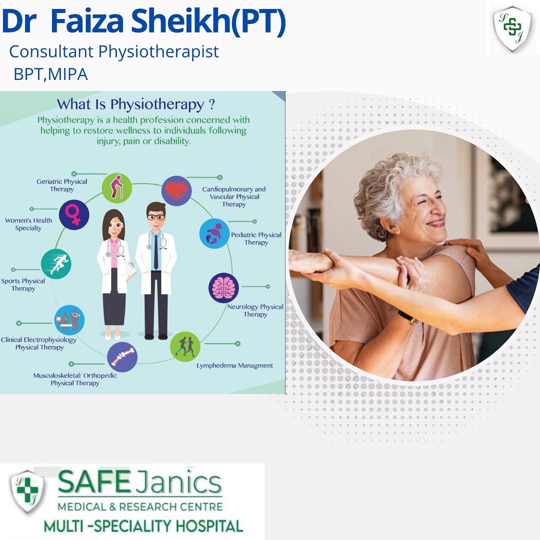 safejanics's tweet photo. The talented Dr Faiza Sheikh who is making her mark in the field of Physiotherapy will be available in Safe Janics Medical and Research Centre as Full time Consultant Physiotherapist

For appointments please call 
+919149561967.  ‘ 01913597021 https://t.co/E6w4E3FQTD