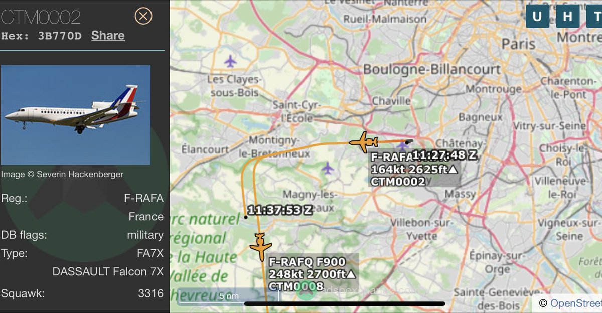 CotamFleet's tweet photo. 🚨 Départ d’@EmmanuelMacron pour le Territoire de Belfort ✈️ 

🇫🇷 République Française 🇫🇷 
10/2/2022 12:29:42
F-RAFA - CTM0002  - FA7X 
F-RAFQ - CTM0008  - F900 - 3075ft - 250knt (TAS)

@ADSBExchange map - https://t.co/4kb2RMfKUv

address: Vélizy-Villacoublay, France https://t.co/y2MQauWhYL