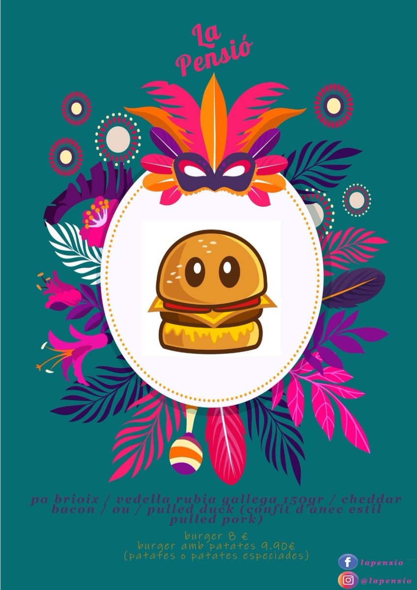 A partir de demà divendres ja podreu demanar l'hamburguesa del febrer,  dedicada al "Carnaval te quiero'.
Ojo!!! Que és edició limitada i sols estara disponible durant tot mes. 
Pots fer-la sola o amb patates a escollir entre fregides i especiades.
#burgerdelmes
#lapensió