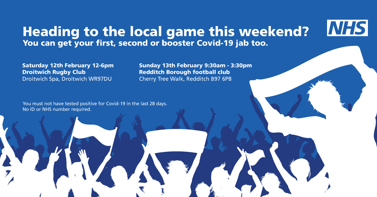 NHS_HW's tweet photo. Visit one of the Covid-19 vaccine pop-ups happening at sports events across Worcestershire this weekend. First and second jabs available as well as boosters 🏉⚽️💉 https://t.co/3pfSSLL33f