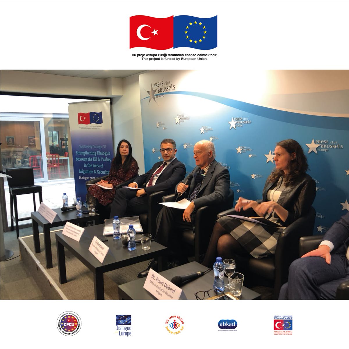 Sivil Toplum Diyaloğu (VI) çerçevesinde sürdürülen "Göç ve Güvenlik Alanında AB ve Türkiye Arasındaki Diyaloğun Güçlendirilmesi” Projesi kapsamında Brüksel Basın Kulübü’nde düzenlenen konferansta katılımcılar güvenlik sorunları ve işbirliği yolları üzerine konuşmalarını yaptılar.