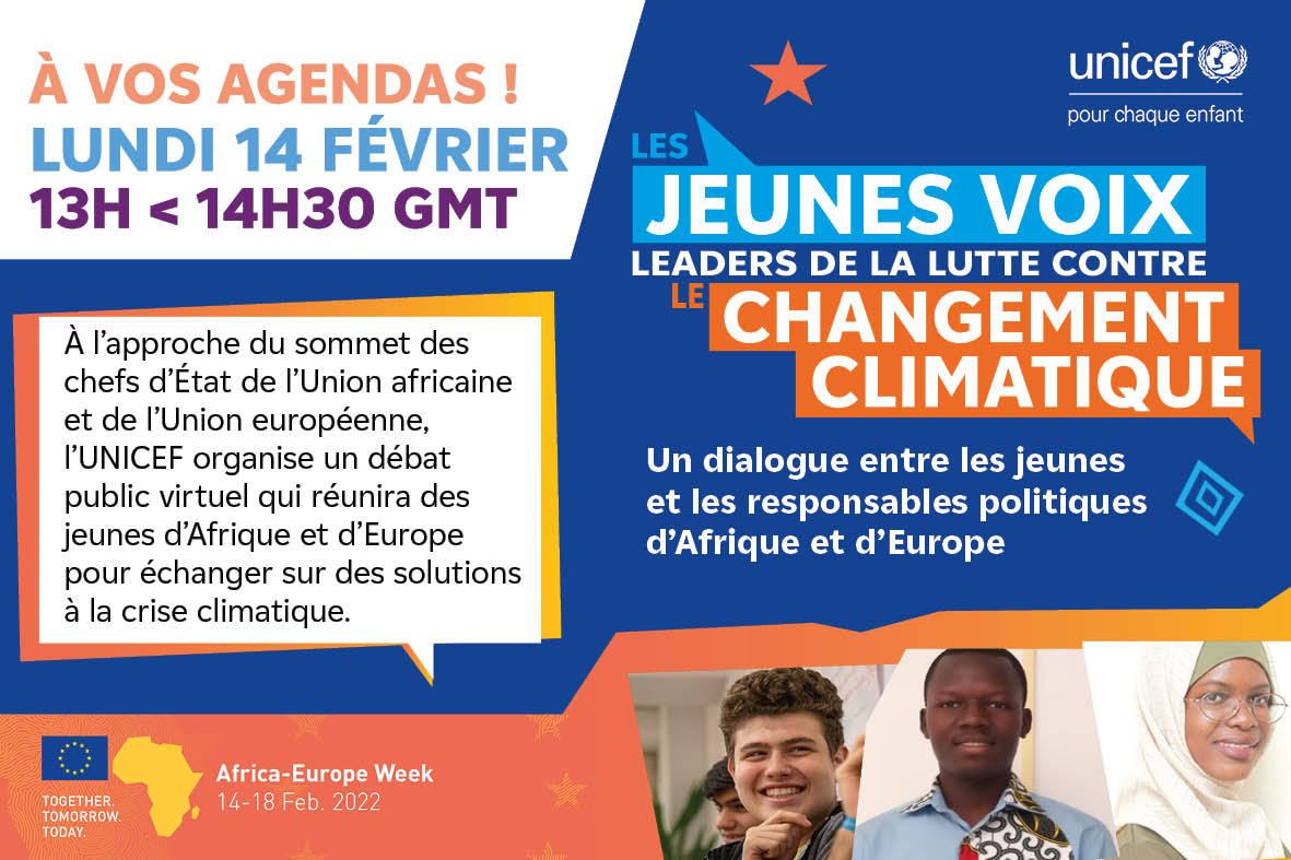 unicefsenegal's tweet photo. A l'approche du sommet des Chefs d'Etat de @_AfricanUnion  et de #UnionEuropeenne, @UNICEF organise un débat public virtuel qui réunira des jeunes d'Afrique et d'Europe pour échanger sur des solutions à la #CriseClimatique.

#ActionpourleClimat  #Pactepourleclimat. https://t.co/YXvMDrq01R