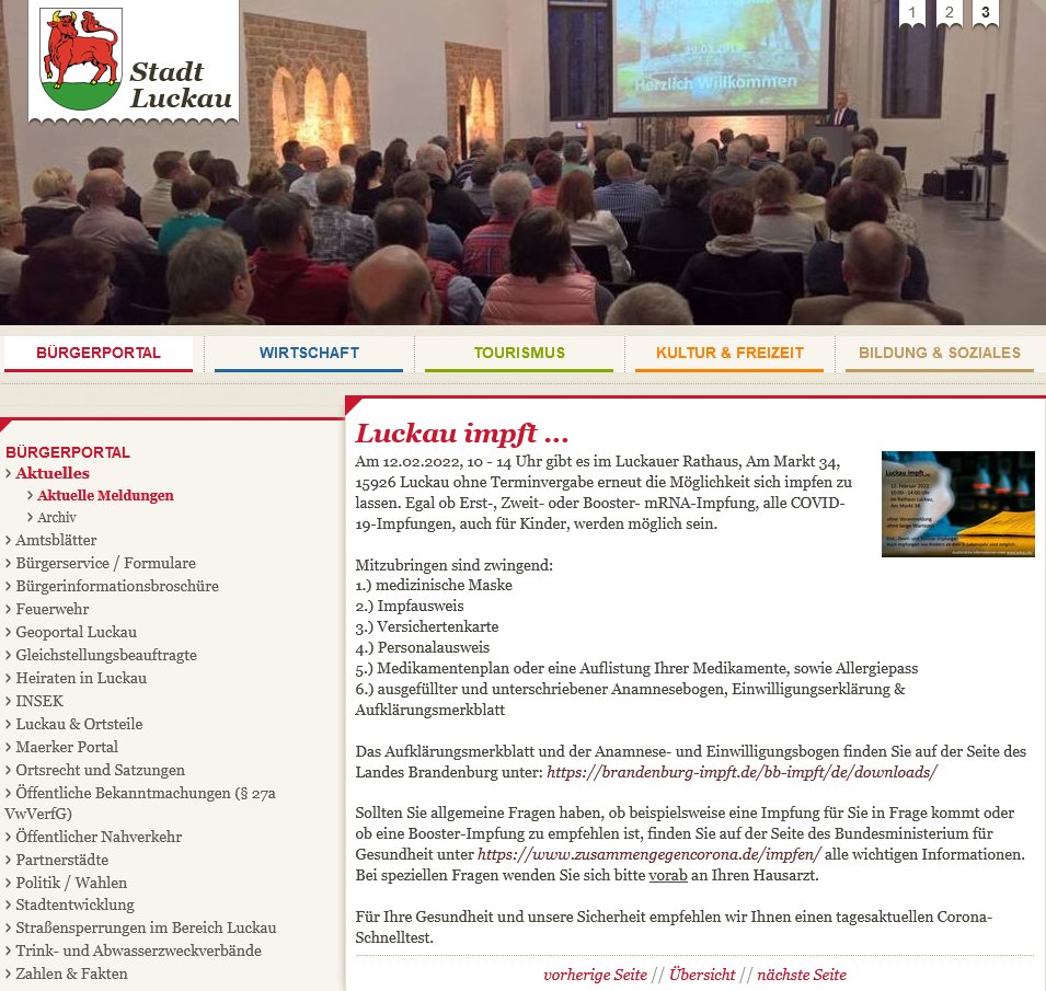 klugewitz's tweet photo. Drei, zwei, eins - meins - wir impfen wieder im schönen Luckauer Rathaus. Gemäß STIKO auch Kinder #u12 und wer schon wieder Bedarf hat (Hallo ü70) - auch 2. Boost. Wir sehen uns Samstag - ausschlafen und impfen. #bbimpft #allesindenarm https://t.co/jO13oY9A4M