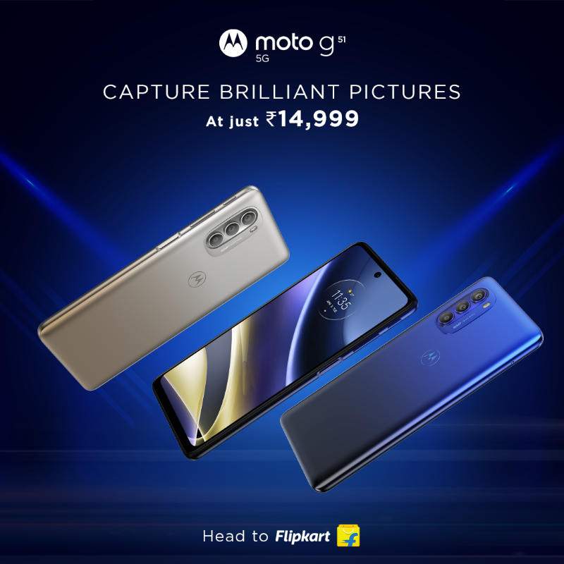 motorolaindia's tweet photo. Make every shot a masterpiece with the #motog51 5G! It comes equipped with a  remarkable 50MP Quad Function Camera, an 8MP Ultrawide &amp; Depth and Macro Vision Camera. Head to @Flipkart and get yours at just ₹14,999. #GoTrue5G #gomotog