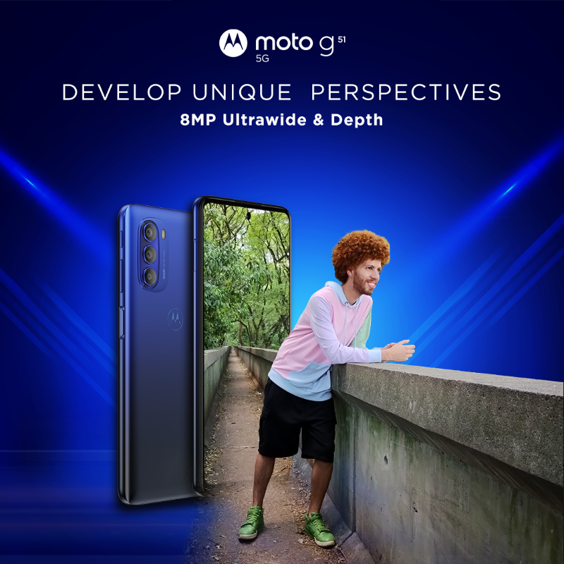 motorolaindia's tweet photo. Make every shot a masterpiece with the #motog51 5G! It comes equipped with a  remarkable 50MP Quad Function Camera, an 8MP Ultrawide &amp; Depth and Macro Vision Camera. Head to @Flipkart and get yours at just ₹14,999. #GoTrue5G #gomotog