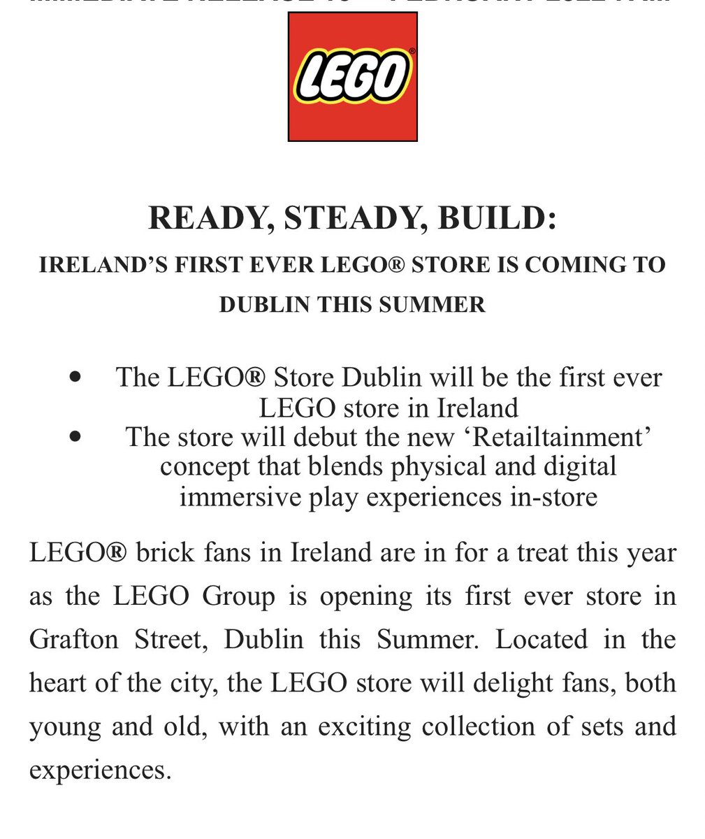 Stephenlough95's tweet photo. The new Lego shop is coming to Dublin, this is great news for potential home owners as we can start to build our own houses, great decision by DCC https://t.co/sGzDJxSqf4