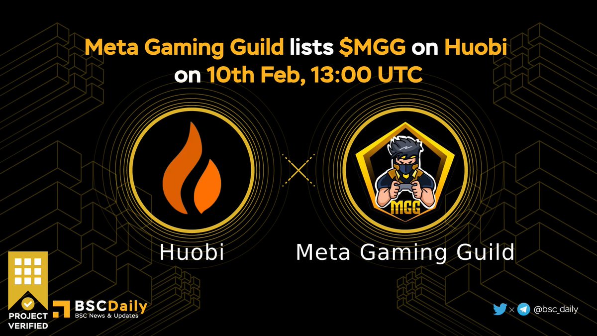 🤝 Only 1⃣hrs left to the listing time of $MGG on <a href="/HuobiGlobal/">火币HTX</a> 

⏰ Save the time: 10th Feb, 13:00 UTC 
💸 Trading pair: $MGG/ $USDT

Details: huobi.ke/support/en-us/…

#BSC <a href="/MetaGamingGuild/">MetaGaming Guild</a>