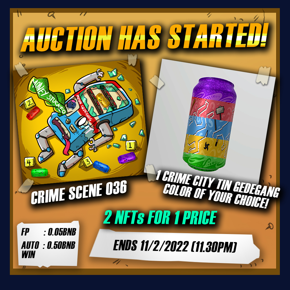 💎 @crimedropnft  X  <a href="/khailoren_/">Khai 🪄</a> 💎
Collab Auction has begun! Come &amp; bid to win 𝟮 𝗡𝗙𝗧𝘀!
Good luck, Detectives!

𝐅𝐏: 0.05 #BNB 
𝐀𝐮𝐭𝐨-𝐖𝐢𝐧: 0.5 #BNB 
𝐄𝐧𝐝: 11/2/2022 11.30PM

🚨BID HERE!🚨
app.pentas.io/nft/198914

#nft #nftcommunity
