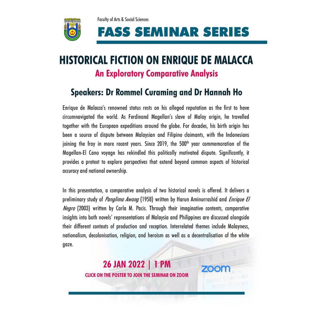 FassUbd's tweet photo. Dr Rommel Curaming and Dr Hannah Ho presented the second talk of the #FASSSeminarSeries this semester, entitled "Historical Fiction on Enrique de Malacca: An Exploratory Comparative Analysis". This is part of their ongoing project focussing on Malay identity from/at the margins. https://t.co/hw910DkhNI