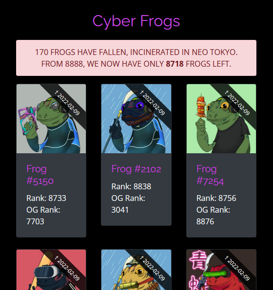 cryptosile's tweet photo. GM #solana fam! ☕️

by the way: 170 froggos got burnt, so much utility, more and more news almost everyday, and thats all just the beginning! @CyberFrogsNFT 🔥🚀 

do you remember wen floor was below 0.1 $sol? 🙌🐸 #SolanaNFTs #Community #staking #frogmachine #burn #partnerships https://t.co/IlqMtXtRR5