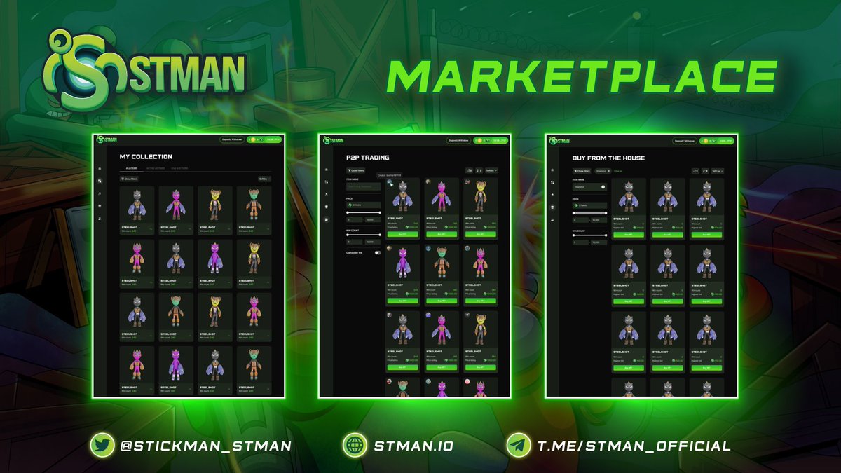 STMAN’s #Marketplace! 💸

👉 The marketplace is where you can sell, buy, exchange, auction your token $STMAN 

✅ Holders of Stickman #NFTs will have special privilege of attending the leaderboard to earning extra reward at the end of the season.