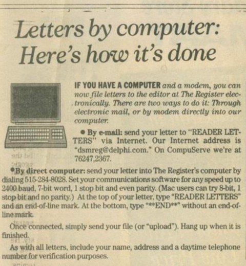 A snippet from a news article when emails were just conceived. Thanks facebook.com/laurencehardma… for the tip!