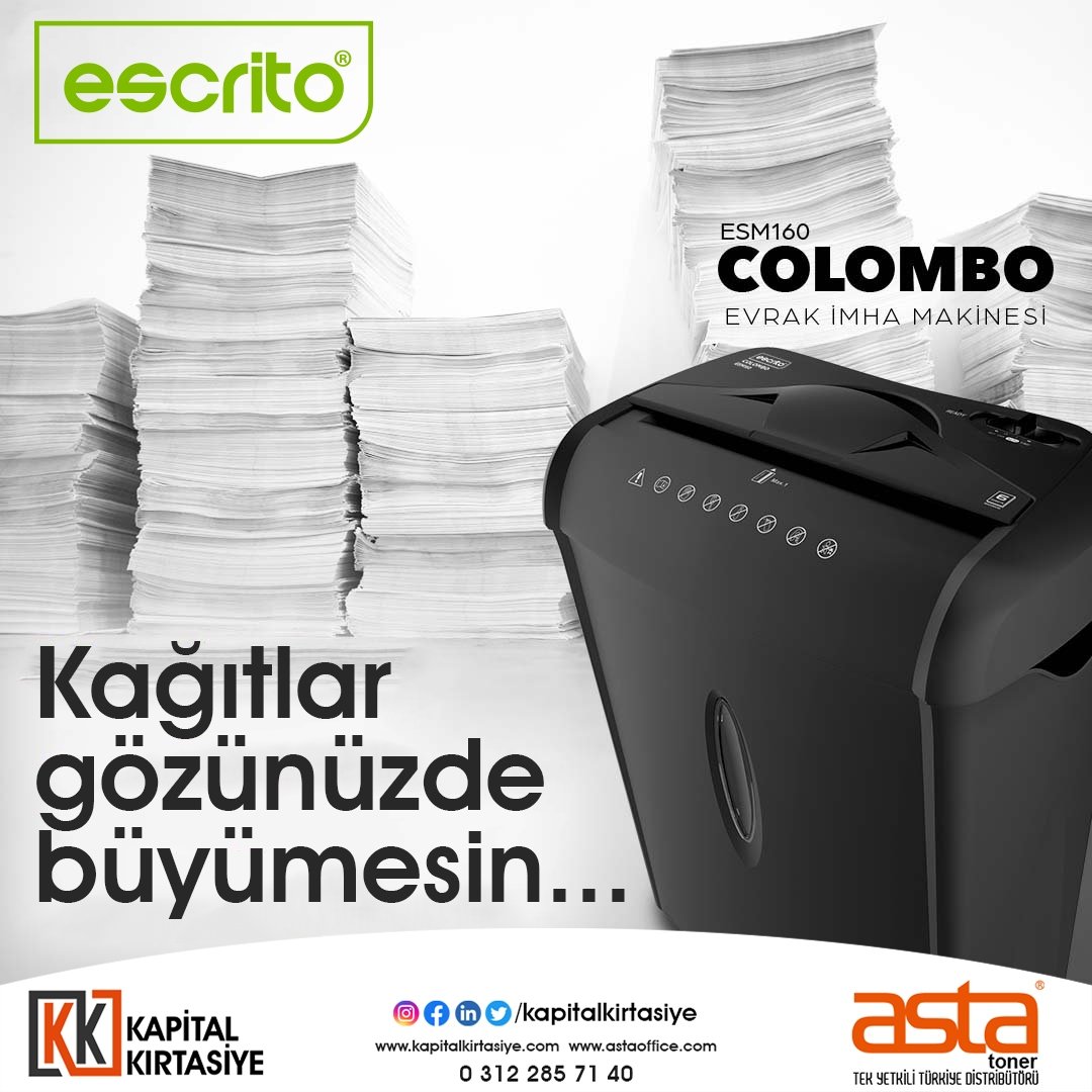 Mükemmel kağıt imha performansı ile Escrito ESM160 Colombo ofis tipi evrak imha makinesi, masa kenarında kullanıma uygun şık tasarımı, sağlam ve uzun ömürlü bıçak sistemi, sessiz çalışma özelliği, 6 yaprak düz şerit özellikleri ile birlikte kağıt kesimleri için de uygundur.. 📑💫