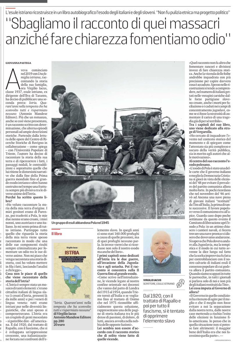 Bellissima intervista di un profugo istriano oggi su <a href="/LaStampa/">La Stampa</a>! “L’Istria era crogiolo di genti diverse, impossibile capire l’esodo degli italiani senza ricordare quello degli slavi causato dal fascismo negli anni ‘20”. “Non usiamo le foibe per fomentare rancori e divisioni!”.