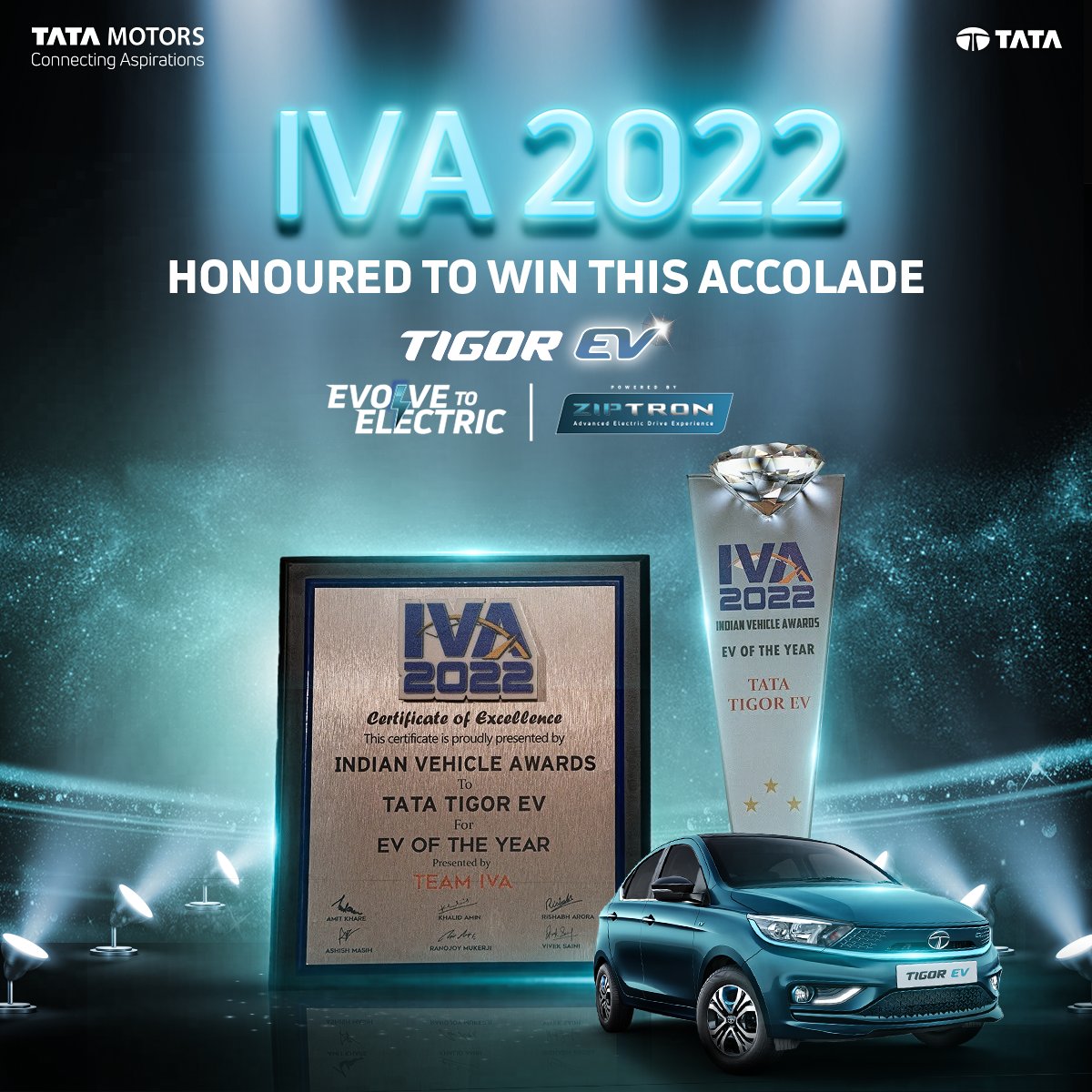 Tataev's tweet photo. We are delighted to announce that the #TigorEV powered by #Ziptron has achieved the eminent IVA 2022 (Indian Vehicle Awards) under the category "EV Of The Year".
.
.
.
#EvolveToElectric #TataMotors #TigorEV #ElectricVehicle #Ziptron #IVA2022 #IndianVehicleAwards #EVOfTheYear https://t.co/kaZrCOfFVK
