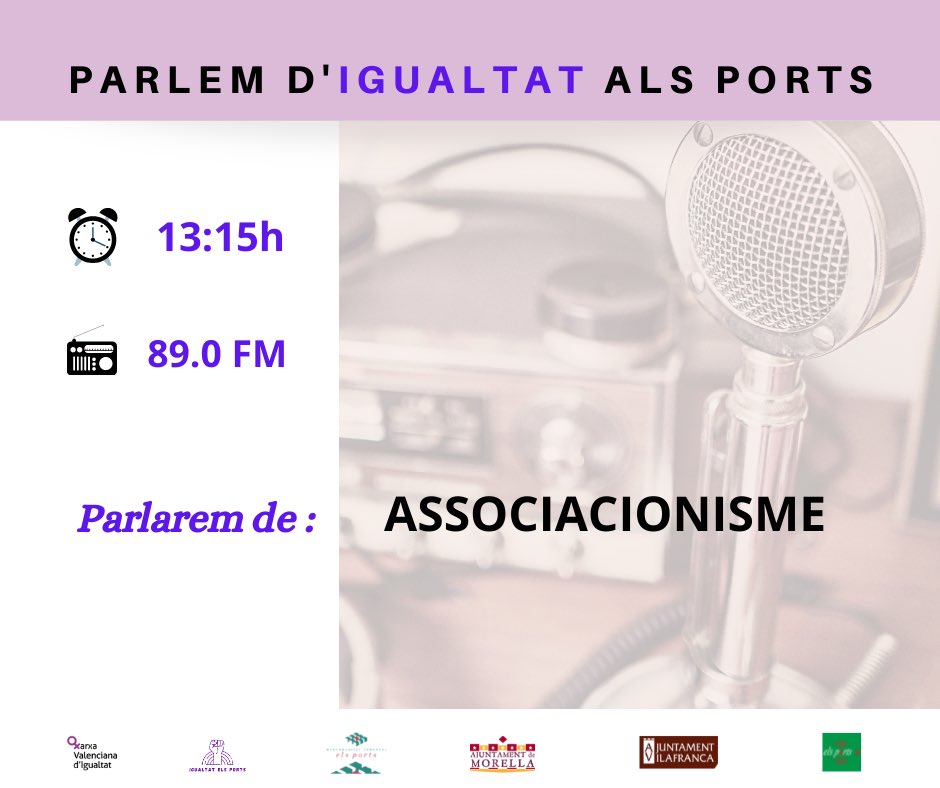 📻 RÀDIO EN IGUALTAT
🙋‍♀️🌞 Bon dia, avui en el programa “Parlem d’Igualtat als Ports” parlarem d’Associacionisme. 

ℹ️ Si no pots escoltar el programa d'avui, prompte el tindràs disponible en el següent enllaç:

🔗go.ivoox.com/sq/1255279

#IgualtatElsPorts