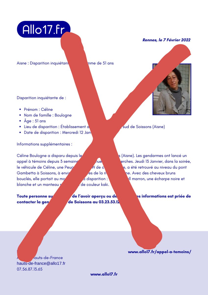 Allo17FR's tweet photo. 🔴 #INFO - Fin des #recherches ! #CélineBoulogne a été #retrouvée ce Mercredi 9 Février sans vie dans la rivière #Oise, à L’#IsleAdam (#ValdOise). Merci de votre participation. https://t.co/2BZwe87rKX