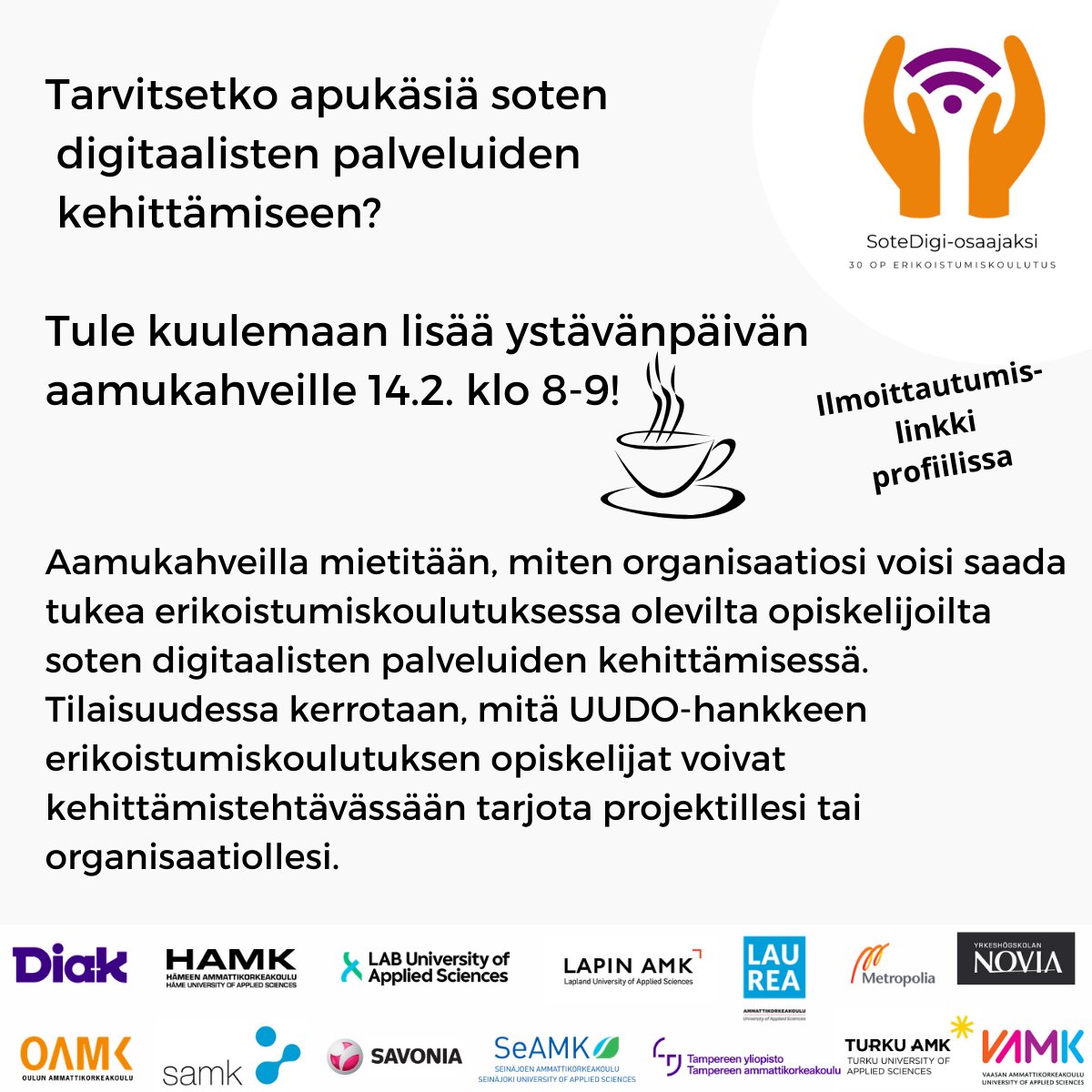 Tervetuloa 14.2. klo 8 kuulemaan, miten organisaatiosi voi saada tukea sotedigi-palveluiden kehittämisessä. Kuulet esimerkkejä siitä, miten erikoistumiskoulutuksen opiskelijat voivat #palvelumuotoilu keinoin ratkaista kehittämishaasteita. #sotedigi lyyti.in/UUDOn_aamukahv…