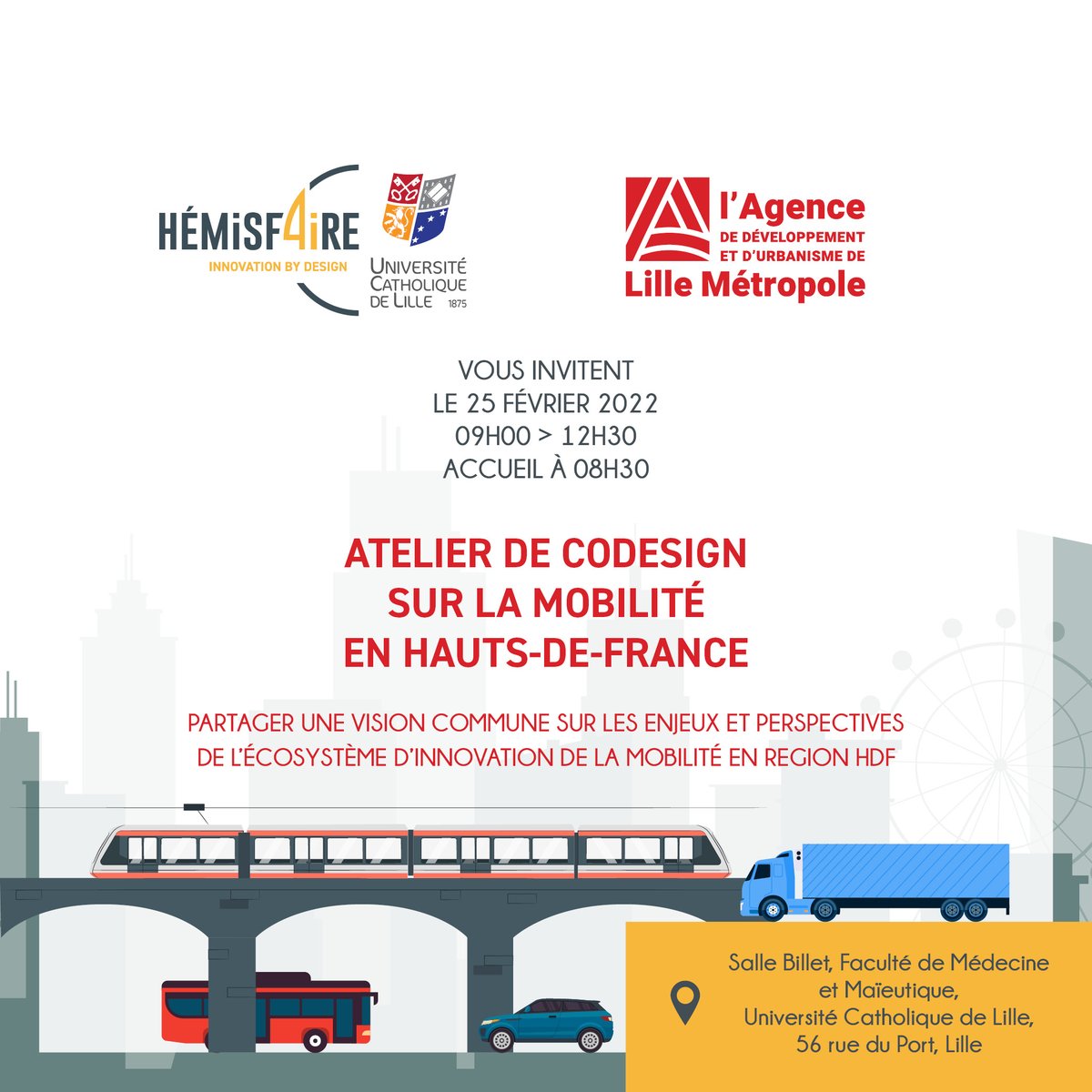 🚗🚲🚚🚅

Vous êtes acteur de l'écosystème d'innovation sur la Mobilité dans la Région des Hauts-de-France ❓

HF4iRE et l'Agence de #développement et d'#urbanisme de #LilleMétropole vous invitent à un atelier de #codesign le 25/02/2022 !

📖 Inscription : bit.ly/3oCLobW