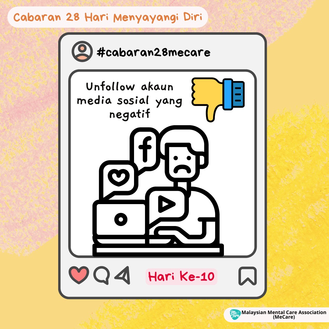 mecare_my's tweet photo. #Cabaran28Mecare
#Hari10
Unfollow akaun media sosial yang negatif
Media sosial memang banyak kesan positif. Namun, bagi media sosial yang lebih membawa kesan negatif kepada kesihatan mental kita, ada baiknya kita โunfollowโ. https://t.co/fHHhAOZVaW