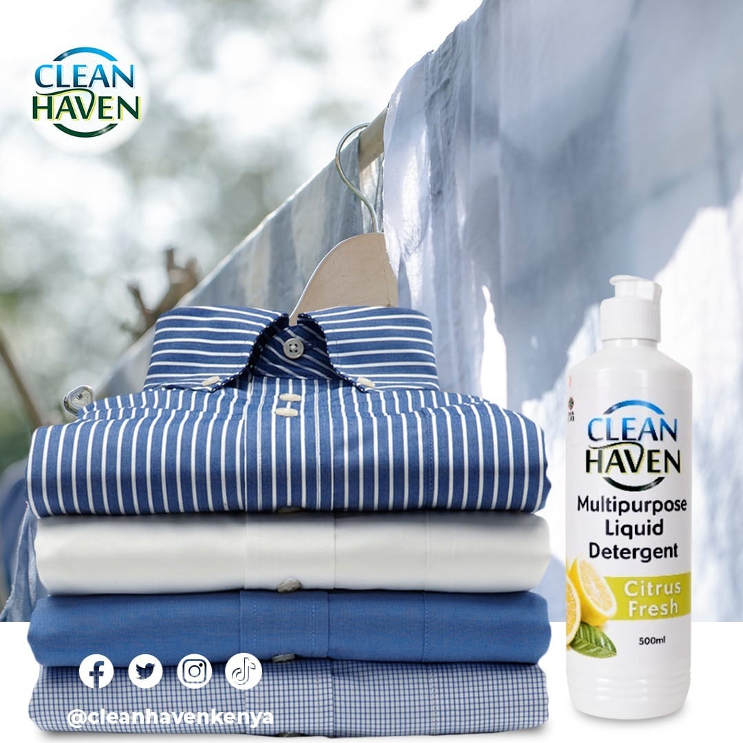 cleanhavenkenya's tweet photo. We all love that awesome feeling when our clothes look neat and are well scented, don't we? Well there's some good news for you! Try out the Clean Haven Multipurpose Liquid Detergent and see the difference. Quality you can trust! #cleanhaven #Multipurposeliquiddetergent https://t.co/2AF5MZ5NE6