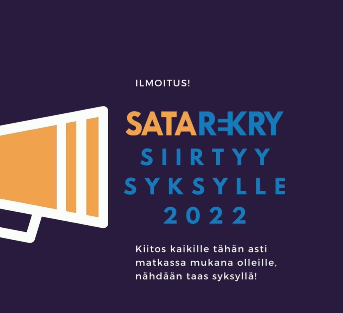 📢HUOMIO!📢
SataRekry 2022 rekrytointimessujen järjestäminen siirtynyt syksylle 2022. 
Kiitämme mukaamme lähteneitä näytteilleasettajia ja yhteistyökumppaneitamme ja toivommekin näkevämme teistä kaikki myös syksyllä! 
Ystävällisin terveisin,
SataRekry 2022 Tiimi