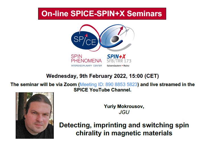 TODAY on-line  SPICE-SPIN+X seminar at 15:00 PM „Detecting, imprinting and switching spin chirality in magnetic materials”. Zoom Meeting ID 890 8853 5823, no password. Also via live streaming on the SPICE YouTube Channel youtube.com/watch?v=kGkIKK…