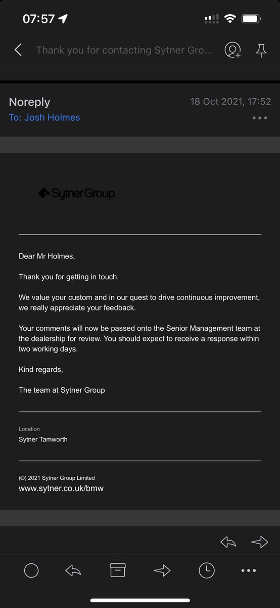 joshjholmes's tweet photo. Seems @SytnerBMW don’t have any concept of time.. still waiting on a response to my complaint last October… https://t.co/2HQkt9SfKI