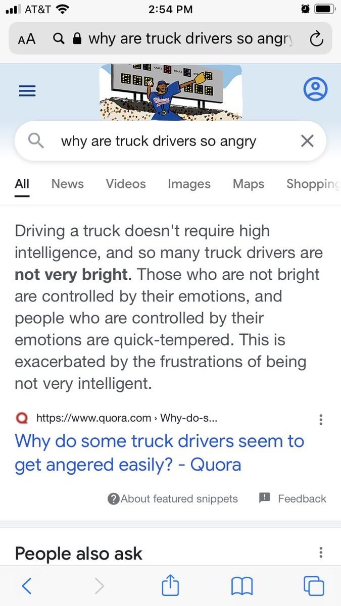 ninnyd101's tweet photo. What does Google present when asking about truck drivers.  
Aren't you glad you use 
Same Google that tells you men can get pregnant.
#StopUsingGoogle https://t.co/ePAzfDC8Ka