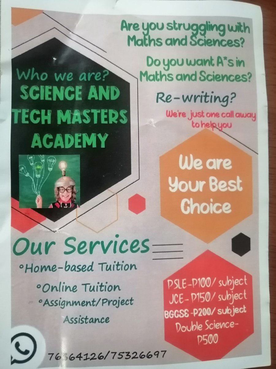 MphoEntle_29's tweet photo. The guy who works as a security guy at my work place is a BUIST graduate and offers tuition services at  very affordable prices. He is based in Gwest. Kindly share his flyer 🙏 https://t.co/TfHbEXM3n4