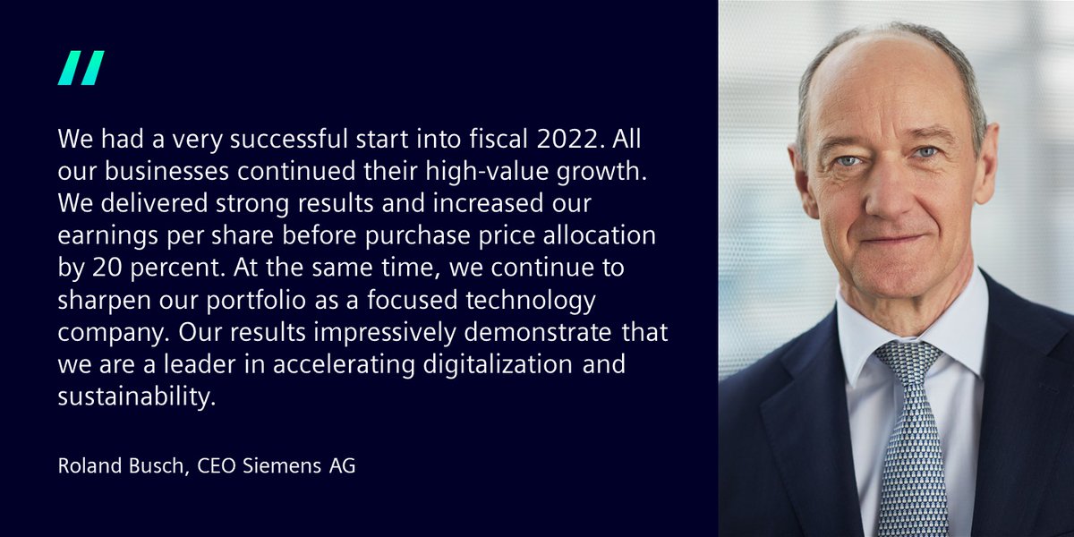 De #SiemensResults voor het eerste kwartaal van het boekjaar 2022 zijn vandaag gepubliceerd: Siemens is in het boekjaar 2022 zeer succesvol van start gegaan en blijft zijn strategie als gefocust technologiebedrijf rigoureus uitvoeren. Meer weten? sie.ag/3HJT18e