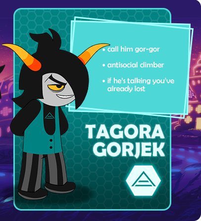 today’s second she/her gay of the day is tagora “gor-gor” gorjek from hiveswap friendsim / homestuck !

she’s a non-binary shegay! (requested by @honiepotpurin!)