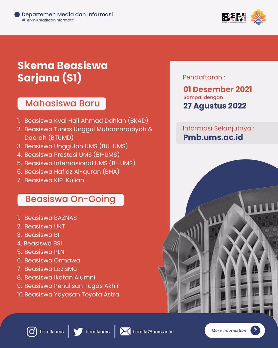 [Info Beasiswa UMS]

Informasi pendaftaran beasiswa mahasiswa baru dapat di cek melalui website @odsumsurakarta, sedangkan beasiswa On-Going akan diupdate melalui website @mawaums1958.