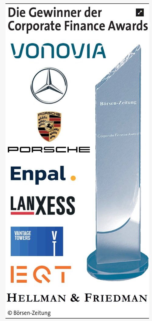 2021 wurden Weichenstellungen für die nachpandemische Zeit vorgenommen. So auch bei den Unternehmen &amp; Transaktionen, die den #CorporateFinanceAward erhalten: <a href="/Vonovia_SE/">Vonovia</a> <a href="/MercedesBenz/">Mercedes-Benz</a> <a href="/Porsche/">Porsche</a> @enpal_de <a href="/VantageTowers/">VantageTowers</a> <a href="/Lanxess/">LANXESS</a> <a href="/eqt/">EQT Group</a> und Hellmann&amp;Friedman
boersen-zeitung.de/herausragende-…