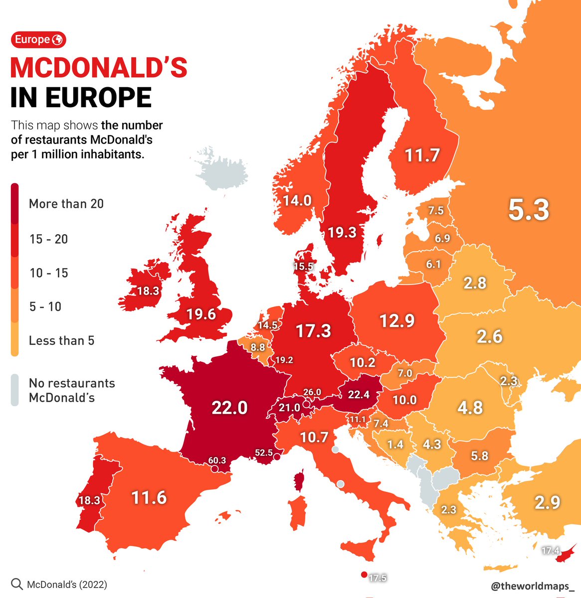 The number of restaurants McDonald's per 1 million inhabitants Source: McDonald's #maps #europe #mcdonalds #data #statistics