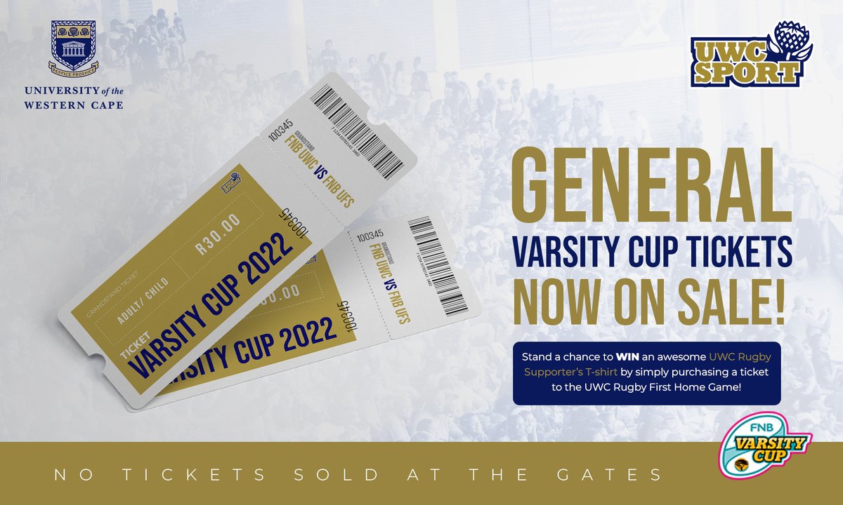 𝗧𝗜𝗖𝗞𝗘𝗧𝗦 𝗢𝗡 𝗦𝗔𝗟𝗘 𝗡𝗢𝗪!

Stand a chance to 𝙒𝙄𝙉 an awesome FNB UWC Rugby Supporter’s T-shirt by simply purchasing a ticket to the <a href="/UWCRugby_/">UWC Rugby</a> first Home Game!🏉

Get your tickets here 🎟 : bit.ly/34OHJkb

#WeAreUWCSport | #RugbyThatRocks