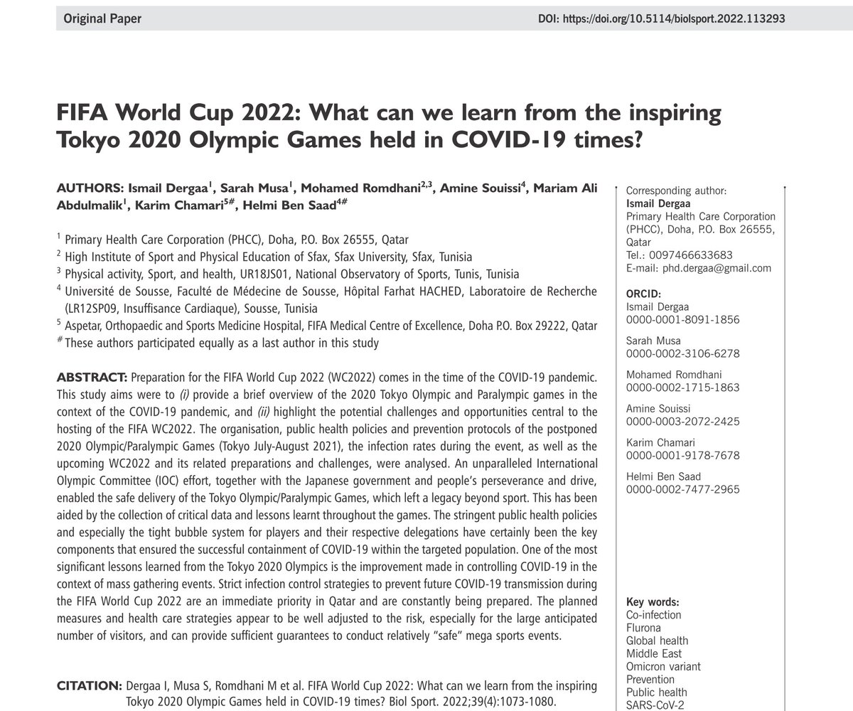 Biology of Sport (@biolsport) on Twitter photo #FIFA #WorldCup 2022: What can we learn from the inspiring Tokyo 2020 #OlympicGames held in #COVID19 times? The potential challenges and opportunities ⚽️🏅
✍️Ismail Dergaa & colleagues
#OpenAccess🔓🔗bit.ly/3ozQuph
#Football #soccer <a href="/FIFAMedical/">FIFA Medical Network</a> #FIFA #WorldCup 2022: What can we learn from the inspiring Tokyo 2020 #OlympicGames held in #COVID19 times? The potential challenges and opportunities ⚽️🏅
✍️Ismail Dergaa & colleagues
#OpenAccess🔓🔗bit.ly/3ozQuph
#Football #soccer <a href="/FIFAMedical/">FIFA Medical Network</a>
