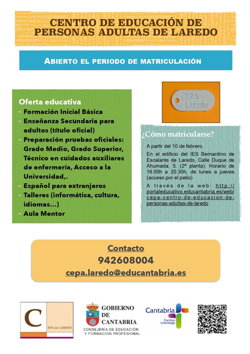 Abierto el periodo de matriculación en el CEPA de #Laredo. #EducacionPermanente