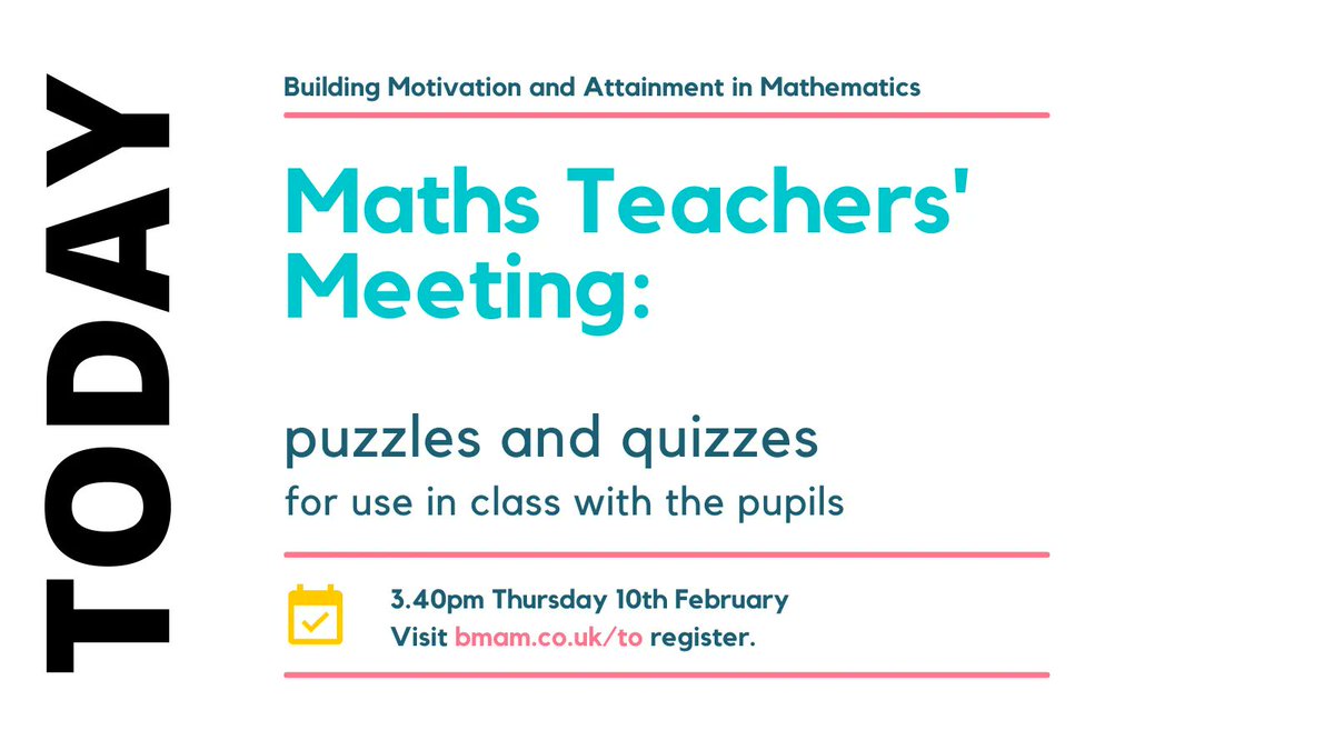 TODAY | Maths Teacher Meeting Thurs 10th February: puzzles and quizzes for use in the classroom

Register today for free one-hour online session packed with practical ideas &amp;'tried-and-tested' approaches; plus receive a set of materials.
Find out more: buff.ly/3E4tyEu