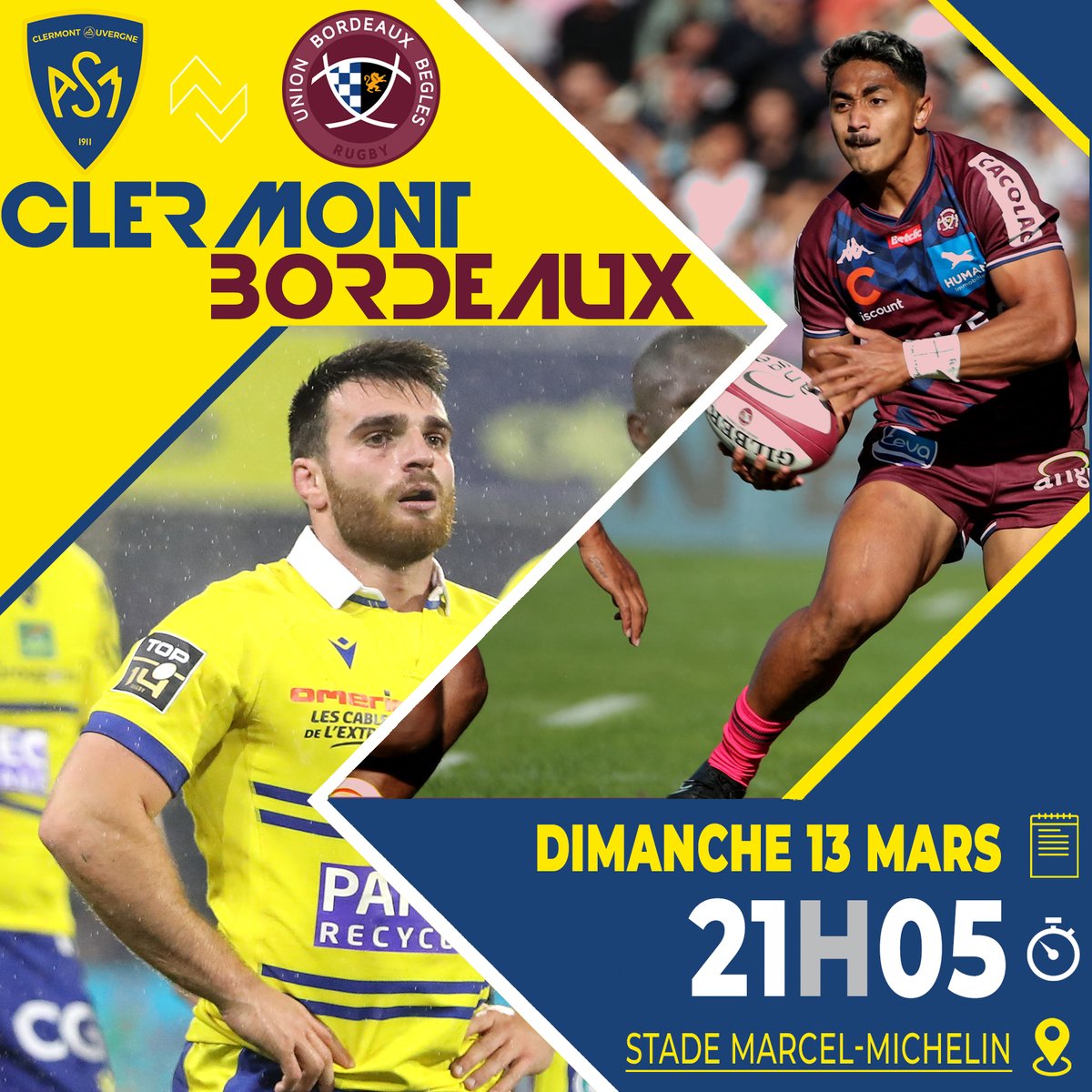 ASMOfficiel's tweet photo. #ReProgrammation La LNR vient de communiquer l'heure et la date du match en retard de la 17ème journée de Top 14 entre Clermont et Bordeaux.
🏡 🆚 @UBBrugby Dim 13/03 à 21h05
📺 @canalplus
#ASMUBB https://t.co/zNoGfZyJvv