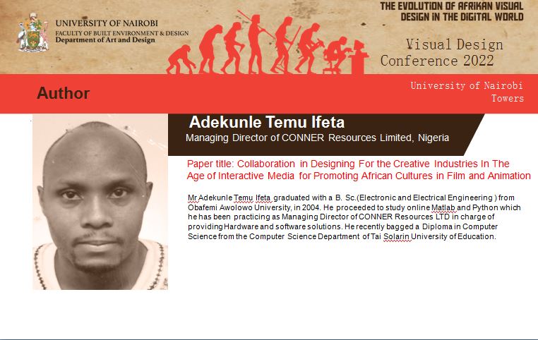 uonbi's tweet photo. Paper presentation Session: 
Topic: Collaboration in Designing For the Creative Industries In The Age of Interactive Media for Promoting African Cultures in Film and Animation. #visualdesignconference #Afrikanvisualdesign https://t.co/d2v6eaTLtG