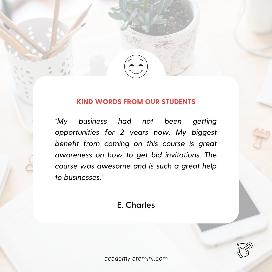 Efemini5's tweet image. Results are guaranteed. After HOW TO BID SUCCESSFULLY:

You will bid successfully.

Yes, You will bid successfully.

Sign up @ academy.efemini.com

Few slots left!

#procurement #fewslotsleft #closingsoon #signupnow