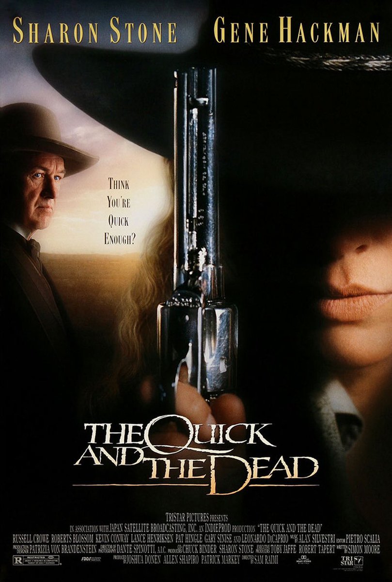 WATZUPMAG's tweet image. Il y a 27 ans, Sam Raimi sortait les colts dans l’excellent #TheQuickAndTheDead.
Mise en scène ludique, montage efficace, b.o entraînante et casting 5 étoiles (Crowe et DiCaprio dans leurs débuts), Hackman charismatique et Sharon Stone au sommet, font de ce film un hit.