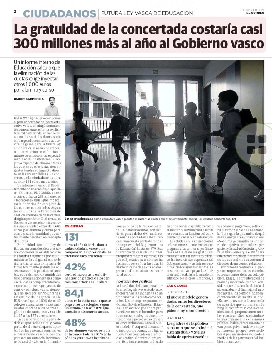 ⛔️ En vez de revisar la sobrefinanciación de los centros privados-concertados que en todos estos años no han cumplido su compromiso de aportar a la cohesión social, ahora vamos a aumentar su financiación a cambio de que cumplan lo que no han cumplido hasta hoy.