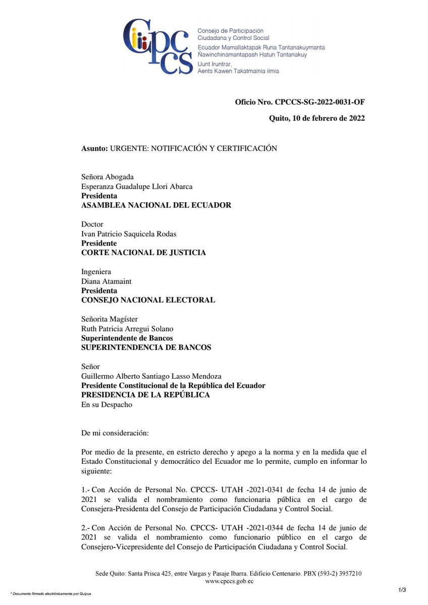 CpccsEc's tweet photo. 🚨 #Atención | Notificación y Certificación del Secretario del pleno del @CpccsEc a diferentes funciones del estado. https://t.co/pyVLnkfbHy