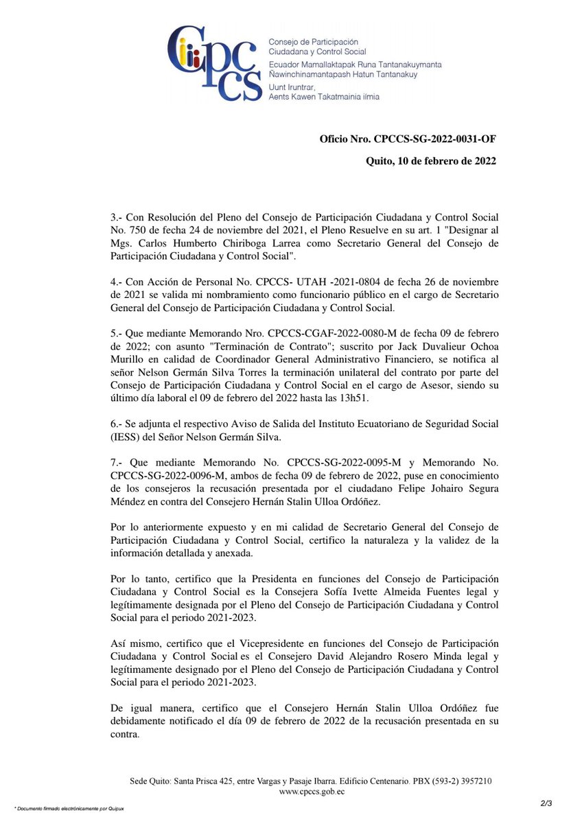 CpccsEc's tweet photo. 🚨 #Atención | Notificación y Certificación del Secretario del pleno del @CpccsEc a diferentes funciones del estado. https://t.co/pyVLnkfbHy