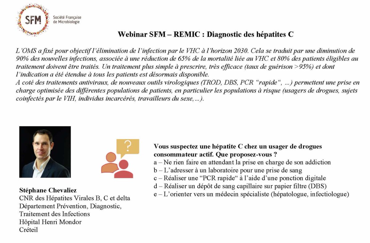 SFMicrobiologie's tweet photo. 📣N'oubliez pas aujourd'hui c'est Remic's à 13h! Stéphane Chevaliez traitera du Diagnostic des hépatites C
Inscription gratuite mais obligatoire
#SFM #REMICS #REMIC #HEPATITESC
https://t.co/bbjmhpR8am https://t.co/5yba54zVU1